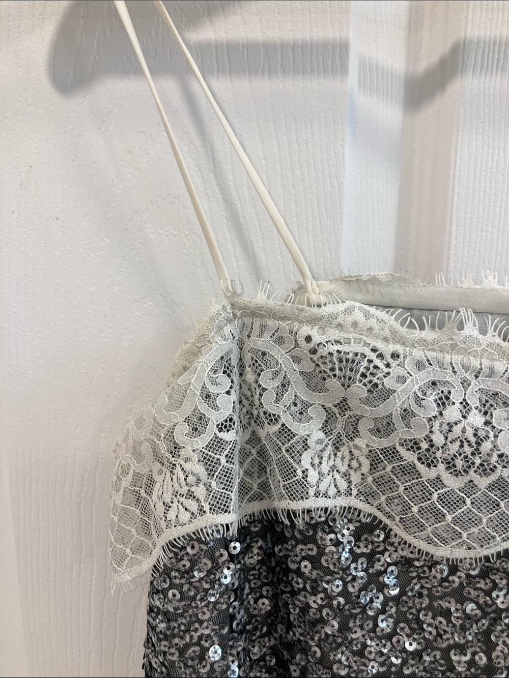 Sequin & Lace Spaghetti Strap Camisole in Silver and Ivory - Picture 2 of 3